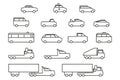 Simple line art car icons set. Universal to use in web and mobile UI, basic elements Automobile outline illustrations