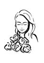 Simple line art hand drawn black ink illustration with beautiful young woman with flowers Royalty Free Stock Photo