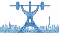 simple line art minimalist collage illustration with a professional weightlifter performing exercise and Eiffel Tower in the