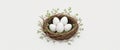 Simple Line Art Nest with White Eggs and Greenery on a White Background. Royalty Free Stock Photo
