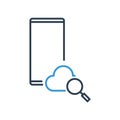 Simple Line of Cell Phone Vector Icon - cloud and magnifying search Royalty Free Stock Photo