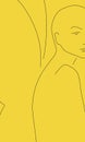 Simple line drawing of beautiful nude bald girl with butterfly wings. Half face portrait. Black contour over yellow background. Royalty Free Stock Photo