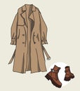 Simple line drawing illustration of a trench coat and stylish shoes. Beige style, female cloth, trendy image