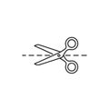 A simple line drawing of a pair of scissors cutting along a dotted line Royalty Free Stock Photo