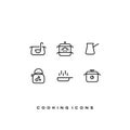 Simple line vector cooking icons set. Soup, steamer, cezve coffee, tea kettle, frying pan, pressure cooker.