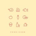 Simple line vector food icon set. Chicken, beef, fish, apple, carrot, orange, cupcake, bottle of wine and wine glass Royalty Free Stock Photo