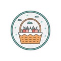 Simple Linear Easter icon of a Vine Picnic Basket with a White Napkin and Painted Eggs inside. Grass and Blue Clouds Royalty Free Stock Photo