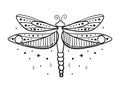 Simple Linear Hand Drawing Dragonfly. Insect With Wings, Boho Tattoo. Vector Illustration Isolated On White Background.