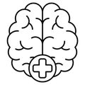 Simple linear icon of a human brain with a plus sign