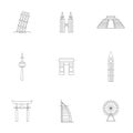 Simple linear icon set representing global tourist landmarks and travel destinations for vacations Royalty Free Stock Photo