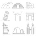 Simple linear icon set representing global tourist landmarks and travel destinations for vacations Royalty Free Stock Photo