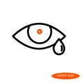 Simple linear image of the eye with an orange pupil and tears, line icon, flat style