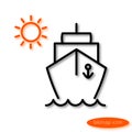 Simple linear image of a ship floating on the waves and orange sun, a flat line icon for a travel agency Royalty Free Stock Photo