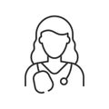 Simple linear medic icon on a white background. Doctor woman with long hair. Gray lines.