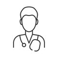 Simple linear medic icon on a white background. Male doctor. Gray lines.