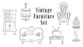 Simple linear set of vintage furniture and interior items. Objects, clipart, elements Royalty Free Stock Photo