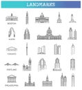 Simple linear Vector icon set representing global tourist american landmarks and travel destinations for vacations Royalty Free Stock Photo