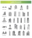 Simple linear Vector icon set representing global tourist american landmarks and travel destinations for vacations Royalty Free Stock Photo