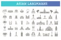 Simple linear Vector icon set representing global tourist asian landmarks and travel destinations for vacations Royalty Free Stock Photo