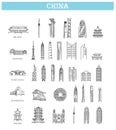 Simple linear Vector icon set representing global tourist asian landmarks and travel destinations for vacations Royalty Free Stock Photo