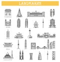 Simple linear Vector icon set representing global tourist asian landmarks and travel destinations for vacations Royalty Free Stock Photo