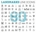 Simple linear Vector icon set representing global tourist landmarks and travel destinations for vacations Royalty Free Stock Photo
