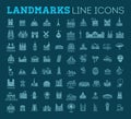 Simple linear vector icon set representing global tourist landmarks and travel destinations for vacations Royalty Free Stock Photo