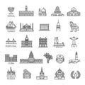 Simple linear Vector icon set representing global tourist landmarks and travel destinations for vacations Royalty Free Stock Photo