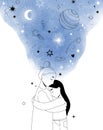 Simple linear and watercolor vector illustration - girl, mother and space planet, star, sun. Meditation and friendship. Open