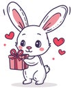 Simple Lineart Bunny For Valentine\'s Day. Cute Bunny Holding a Gift with Hearts Isolated On White Background