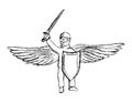 Simple lineart pencil hand-drawing of winged warrior with sword and shield. Black and white outline vector clipart of modern Royalty Free Stock Photo