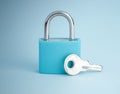 Simple lock and key. Small padlock with small shiny key. Business data encryption, home security, or other safeguarding metaphor