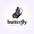 simple logo of flying blue butterfly, caterpillar vintage vector insect