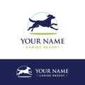 Simple logo running dog in green grass. canine resort, training, boarding, pet business symbol