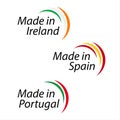 Simple logos Made in Ireland, Made in Spain, Made in Portugal