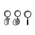 Simple magnifying glass and human hands holding magnifying glass icon set