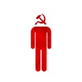 Simple man icon with red Soviet sickle and hammer symbol instead head communist icon on white