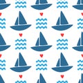 Simple marine seamless pattern. Repeated silhouettes of sailboats, waves and hearts. Royalty Free Stock Photo