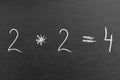 Simple math multiplication equation on the chalkboard with 2 and 4 numbers Royalty Free Stock Photo