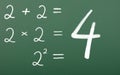 Simple mathematical equation. Two plus two, two times two, two squared equals four