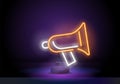 Speaker neon sign set. Loudspeaker, sound, megaphone, lightning. Simple megaphone icon, promotion, loud voice. Orange