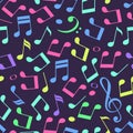 Simple messy colorful music notes with treble and bass clefs, seamless pattern, vector