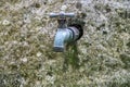 Simple metal faucet coming out of a rock in a garden Royalty Free Stock Photo