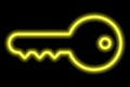 Simple metal key. Yellow neon outline on a black background. Illustration