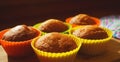 Simple mini muffins in colorful silicone bakeware. Free space. Closeup Royalty Free Stock Photo