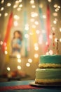 simple minimal birthday party decoration - bokeh lights background - pastel bright hues - two story birthday cake Royalty Free Stock Photo