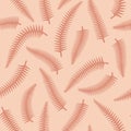 Simple minimal burgundy fern leaves tropical seamless pattern. Pink background.