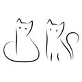 Simple and minimal cat ink drawing. Two sitting cats in traditional Japanese Zen art style. Cute vector illustration.