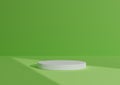 Simple, Minimal 3D Render Composition with One White Cylinder Podium or Stand on Abstract Shadow Bright Lime Green Background for Royalty Free Stock Photo