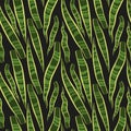 Simple minimal green snake plant leaves tropical seamless pattern. Black background. Royalty Free Stock Photo